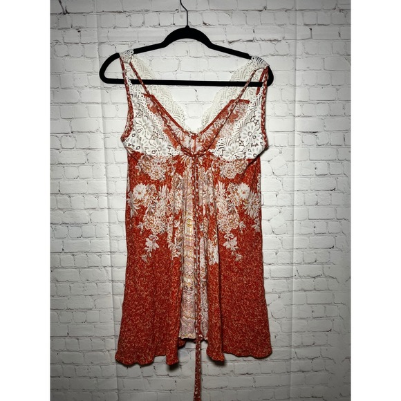 Free People Morning Sun Floral Lace Trim V Neck Mini Slip Dress Coral White Sz S - Picture 5 of 8